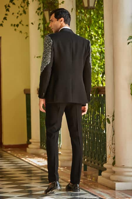 Shop Bohame Black Terrycloth, Cotton, Silk Beads, Stones, Cut Cutdana Embroidered Tuxedo Set at Aza Fashions Shop_Bohame_Black Terrycloth, Cotton, Silk Beads, Stones, Cut Cutdana Embroidered Tuxedo Set_at_Aza_Fashions