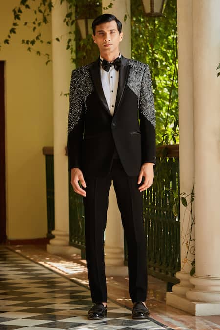 Bohame Black Terrycloth, Cotton, Silk Beads, Stones, Cut Cutdana Embroidered Tuxedo Set Online at Aza Fashions Bohame_Black Terrycloth, Cotton, Silk Beads, Stones, Cut Cutdana Embroidered Tuxedo Set_Online_at_Aza_Fashions