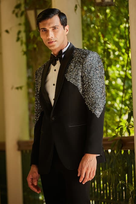 Shop Bohame Black Terrycloth, Cotton, Silk Beads, Stones, Cut Cutdana Embroidered Tuxedo Set Online at Aza Fashions Shop_Bohame_Black Terrycloth, Cotton, Silk Beads, Stones, Cut Cutdana Embroidered Tuxedo Set_Online_at_Aza_Fashions