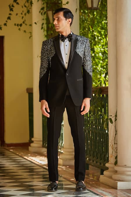 Bohame Black Terrycloth, Cotton, Silk Beads, Stones, Cut Cutdana Embroidered Tuxedo Set at Aza Fashions Bohame_Black Terrycloth, Cotton, Silk Beads, Stones, Cut Cutdana Embroidered Tuxedo Set_at_Aza_Fashions