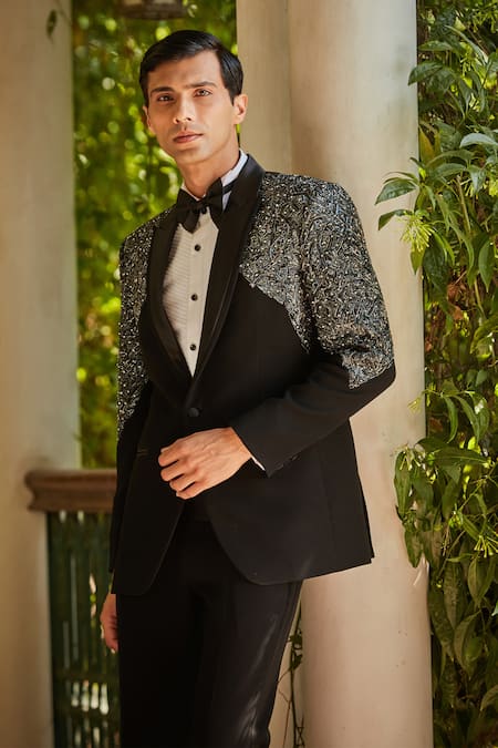 Buy Bohame Black Terrycloth, Cotton, Silk Beads, Stones, Cut Cutdana Embroidered Tuxedo Set Buy_Bohame_Black Terrycloth, Cotton, Silk Beads, Stones, Cut Cutdana Embroidered Tuxedo Set