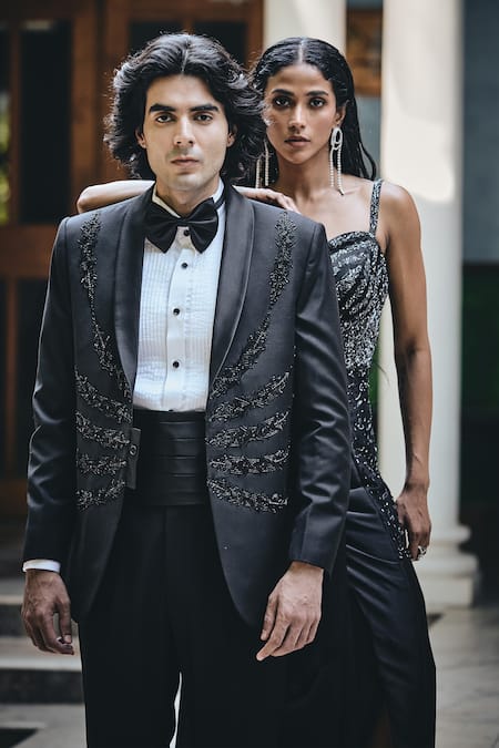 Shop Bohame Black Terrycloth, Cotton Stones Cutdana Embroidered Tuxedo Set Online at Aza Fashions Shop_Bohame_Black Terrycloth, Cotton Stones Cutdana Embroidered Tuxedo Set_Online_at_Aza_Fashions
