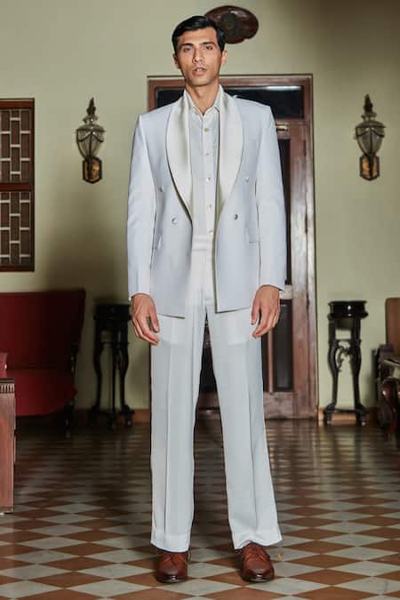 Bohame_Ivory Terrycloth, Cotton Lapel Collar Double Breasted Tuxedo Set_at_Aza_Fashions