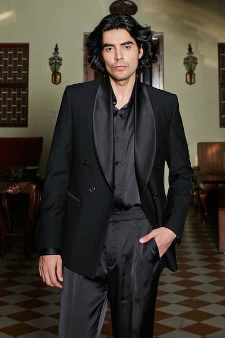 Buy_Bohame_Black Terrycloth, Cotton Lapel Collar Double Breasted Tuxedo Set_Online_at_Aza_Fashions
