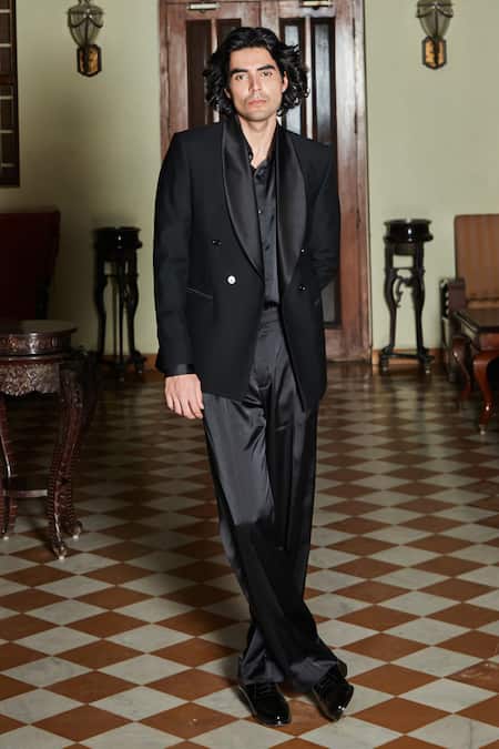 Bohame_Black Terrycloth, Cotton Lapel Collar Double Breasted Tuxedo Set_at_Aza_Fashions