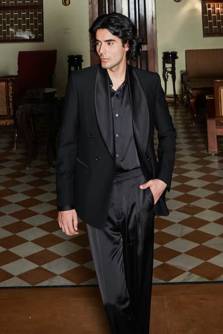 Buy_Bohame_Black Terrycloth, Cotton Lapel Collar Double Breasted Tuxedo Set