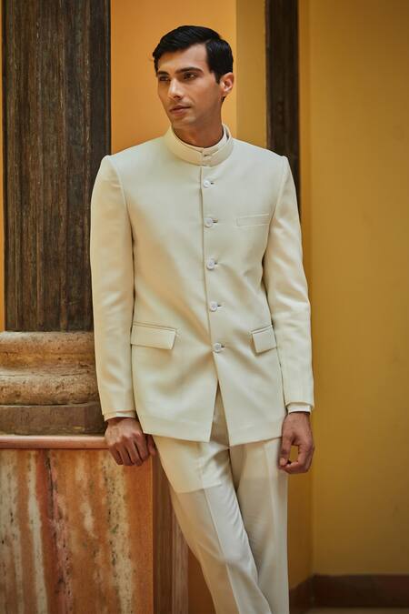 Buy_Bohame_Off White Terrycloth Plain Bandhgala Set_Online_at_Aza_Fashions