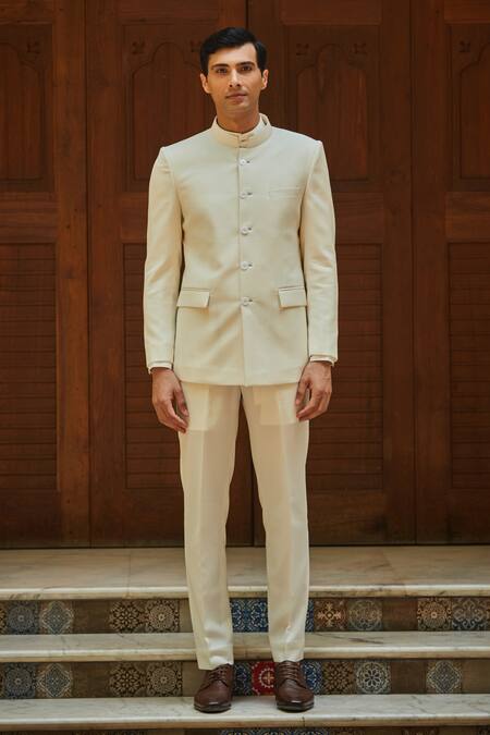 Shop_Bohame_Off White Terrycloth Plain Bandhgala Set_Online_at_Aza_Fashions