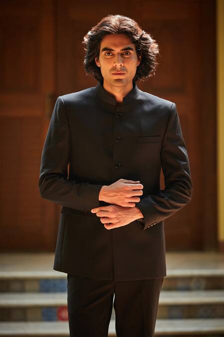 Buy Bohame Black Terrycloth Plain Bandhgala Set Online at Aza Fashions Buy_Bohame_Black Terrycloth Plain Bandhgala Set_Online_at_Aza_Fashions