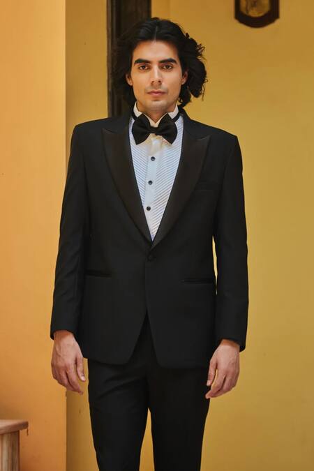 Shop Bohame Black Terrycloth, Cotton, Wool Lapel Collared Tuxedo Set at Aza Fashions Shop_Bohame_Black Terrycloth, Cotton, Wool Lapel Collared Tuxedo Set_at_Aza_Fashions