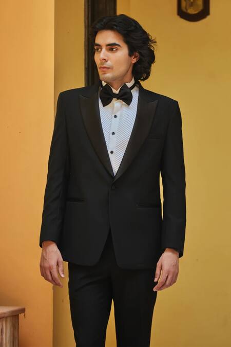 Bohame Black Terrycloth, Cotton, Wool Lapel Collared Tuxedo Set Online at Aza Fashions Bohame_Black Terrycloth, Cotton, Wool Lapel Collared Tuxedo Set_Online_at_Aza_Fashions