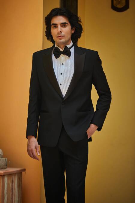 Buy Bohame Black Terrycloth, Cotton, Wool Lapel Collared Tuxedo Set Online at Aza Fashions Buy_Bohame_Black Terrycloth, Cotton, Wool Lapel Collared Tuxedo Set_Online_at_Aza_Fashions