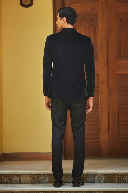 Shop_Bohame_Black Terrycloth Plain Bandhgala Set With Pant _at_Aza_Fashions
