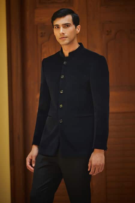Bohame_Black Terrycloth Plain Bandhgala Set With Pant _Online_at_Aza_Fashions