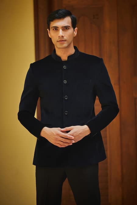Shop_Bohame_Black Terrycloth Plain Bandhgala Set With Pant _Online_at_Aza_Fashions
