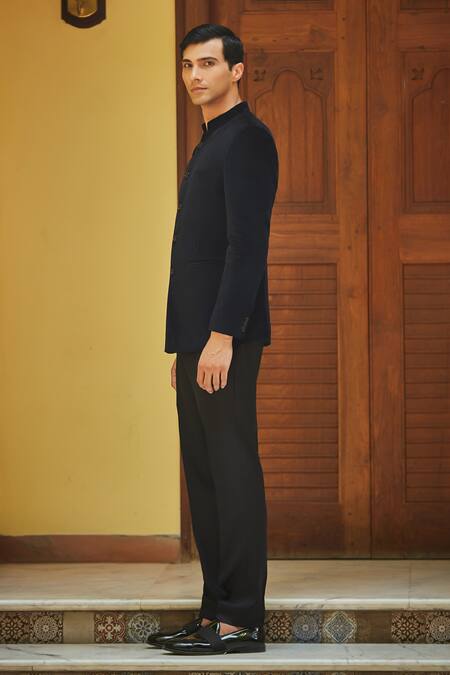 Bohame_Black Terrycloth Plain Bandhgala Set With Pant _at_Aza_Fashions