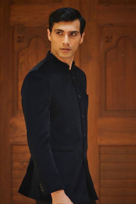 Buy_Bohame_Black Terrycloth Plain Bandhgala Set With Pant 