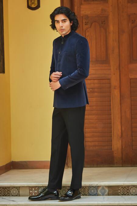Shop_Bohame_Blue Terrycloth Plain Bandhgala Set _at_Aza_Fashions