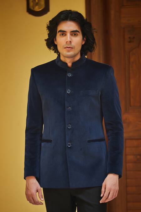 Buy_Bohame_Blue Terrycloth Plain Bandhgala Set _Online_at_Aza_Fashions