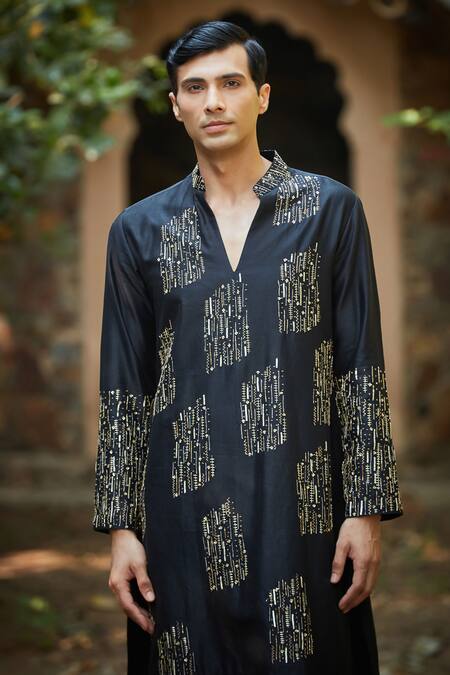 Bohame_Black Rayon Sequins, Beads Embroidered Kurta Set_at_Aza_Fashions