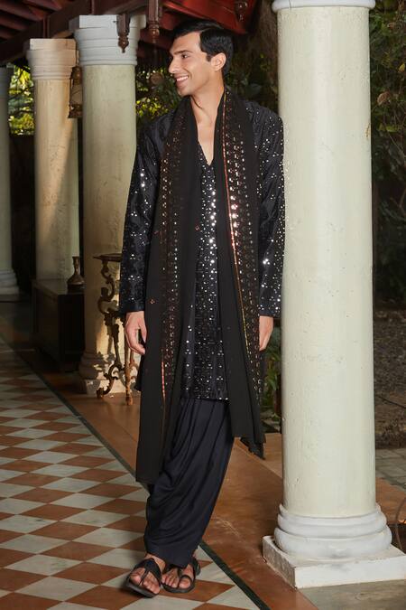 Buy Bohame Black Chanderi, Rayon, Net Mirrors, Embroidery Kurta Set Online at Aza Fashions Buy_Bohame_Black Chanderi, Rayon, Net Mirrors, Embroidery Kurta Set_Online_at_Aza_Fashions