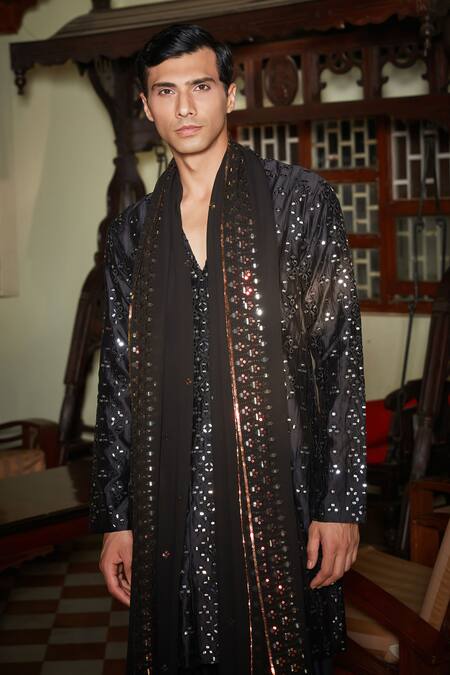 Bohame Black Chanderi, Rayon, Net Mirrors, Embroidery Kurta Set at Aza Fashions Bohame_Black Chanderi, Rayon, Net Mirrors, Embroidery Kurta Set_at_Aza_Fashions
