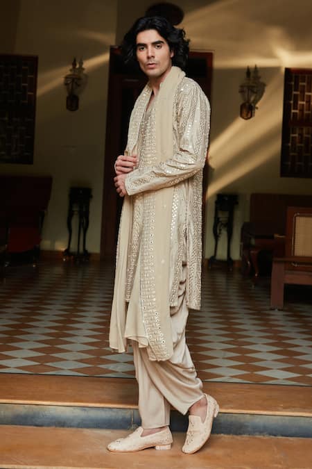 Bohame_Beige Chanderi, Rayon, Net Mirrors, Embroidery Kurta Set_Online_at_Aza_Fashions