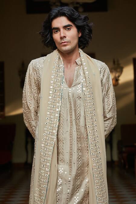 Buy_Bohame_Beige Chanderi, Rayon, Net Mirrors, Embroidery Kurta Set_Online_at_Aza_Fashions