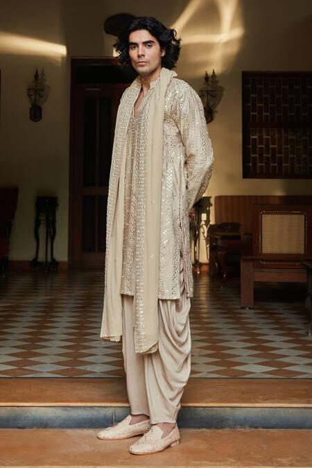 Shop_Bohame_Beige Chanderi, Rayon, Net Mirrors, Embroidery Kurta Set_Online_at_Aza_Fashions