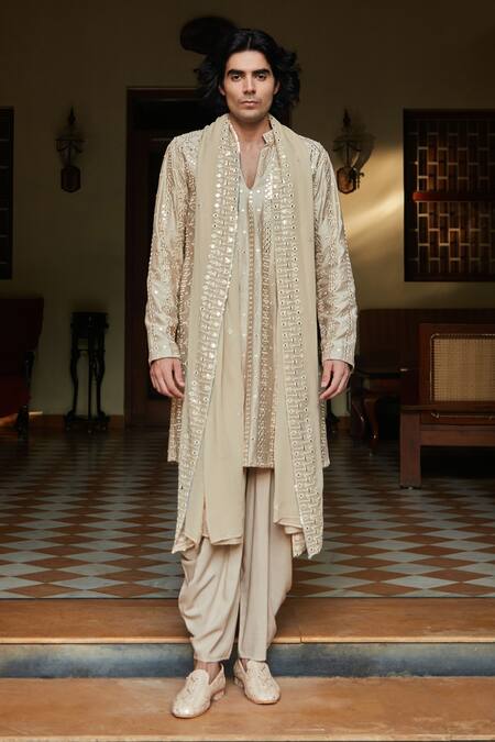 Buy_Bohame_Beige Chanderi, Rayon, Net Mirrors, Embroidery Kurta Set