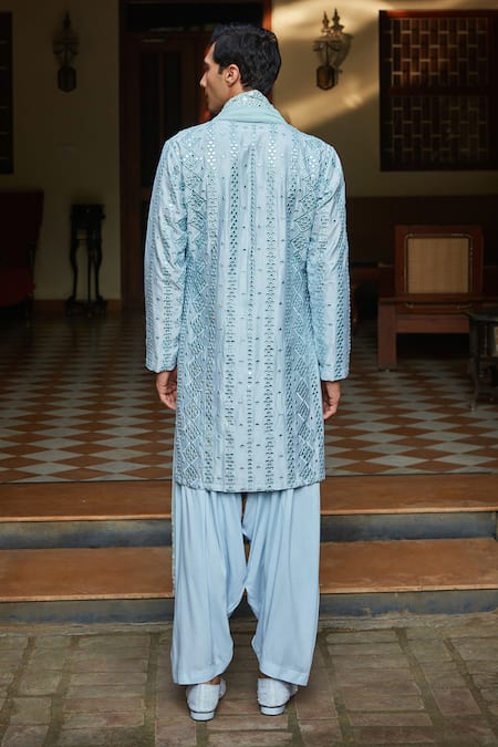 Shop_Bohame_Sky Blue Chanderi, Net, Rayon Mirrors, Embroidery Kurta Set _at_Aza_Fashions