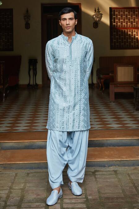 Bohame_Sky Blue Chanderi, Net, Rayon Mirrors, Embroidery Kurta Set _Online_at_Aza_Fashions