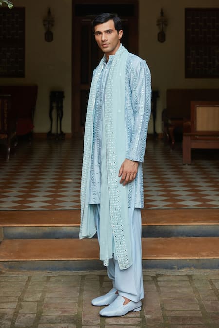 Buy_Bohame_Sky Blue Chanderi, Net, Rayon Mirrors, Embroidery Kurta Set _Online_at_Aza_Fashions