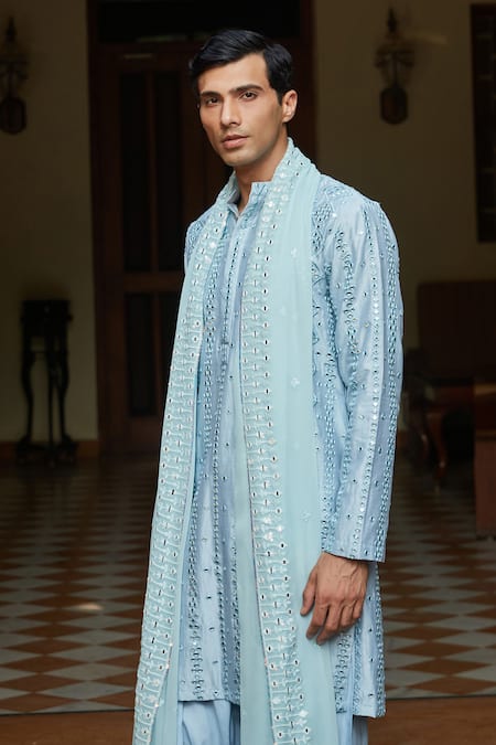 Shop_Bohame_Sky Blue Chanderi, Net, Rayon Mirrors, Embroidery Kurta Set _Online_at_Aza_Fashions