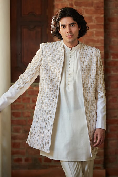 Bohame_White Silk, Tussar Cut Work Cutdana Embroidered Jacket Kurta Set_Online_at_Aza_Fashions