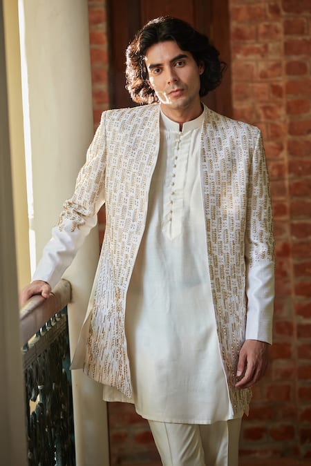 Buy_Bohame_White Silk, Tussar Cut Work Cutdana Embroidered Jacket Kurta Set_Online_at_Aza_Fashions