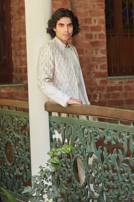 Shop_Bohame_White Silk, Tussar Cut Work Cutdana Embroidered Jacket Kurta Set_Online_at_Aza_Fashions