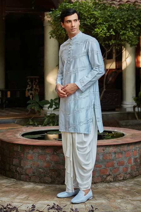 Bohame_Blue Chanderi, Rayon Sequins, Zircon Embroidered Chevron Kurta And Dhoti Pant_Online_at_Aza_Fashions