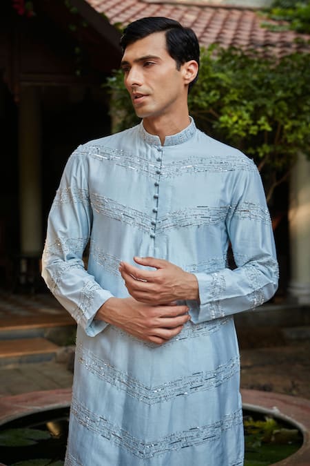 Bohame_Blue Chanderi, Rayon Sequins, Zircon Embroidered Chevron Kurta And Dhoti Pant_at_Aza_Fashions