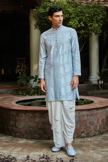 Buy_Bohame_Blue Chanderi, Rayon Sequins, Zircon Embroidered Chevron Kurta And Dhoti Pant