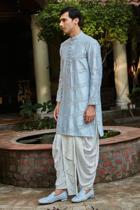 Shop_Bohame_Blue Chanderi, Rayon Sequins, Zircon Embroidered Chevron Kurta And Dhoti Pant
