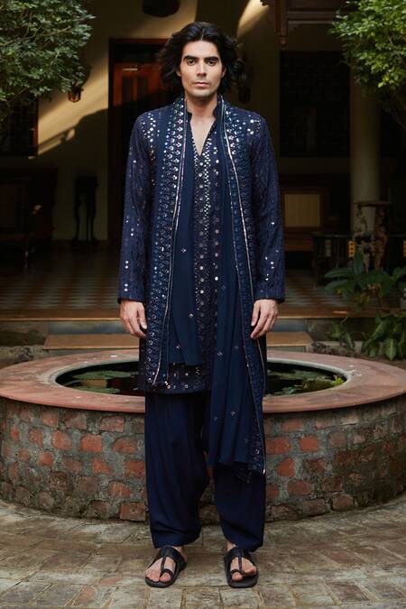 Bohame Blue Chanderi, Rayon, Net Sequins, Mirrors Navy Embroidered Kurta Set Online at Aza Fashions Bohame_Blue Chanderi, Rayon, Net Sequins, Mirrors Navy Embroidered Kurta Set_Online_at_Aza_Fashions