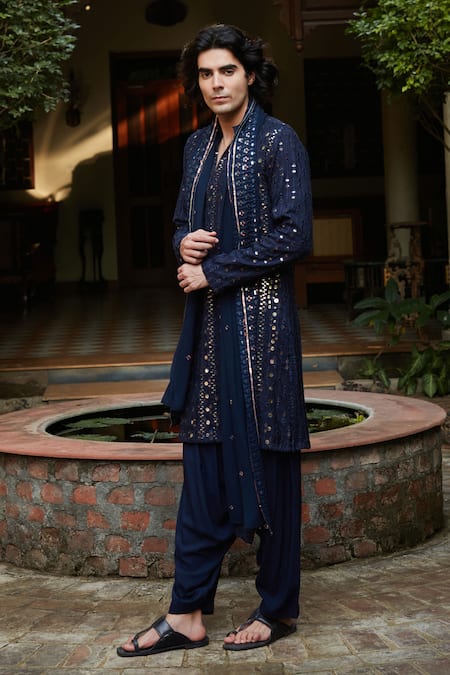 Buy Bohame Blue Chanderi, Rayon, Net Sequins, Mirrors Navy Embroidered Kurta Set Online at Aza Fashions Buy_Bohame_Blue Chanderi, Rayon, Net Sequins, Mirrors Navy Embroidered Kurta Set_Online_at_Aza_Fashions