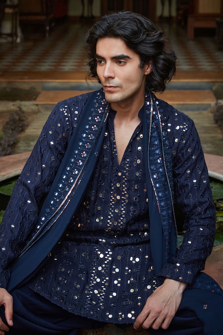 Shop Bohame Blue Chanderi, Rayon, Net Sequins, Mirrors Navy Embroidered Kurta Set Online at Aza Fashions Shop_Bohame_Blue Chanderi, Rayon, Net Sequins, Mirrors Navy Embroidered Kurta Set_Online_at_Aza_Fashions