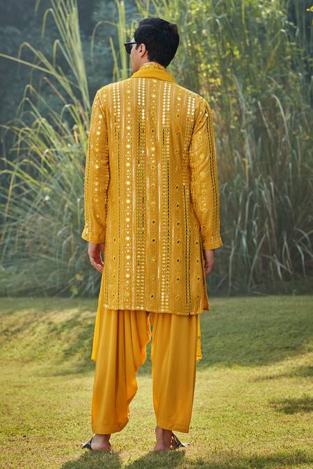 Shop Bohame Yellow Georgette, Rayon, Net Sequins, Embroidery, Mustard Thread Kurta Set at Aza Fashions Shop_Bohame_Yellow Georgette, Rayon, Net Sequins, Embroidery, Mustard Thread Kurta Set_at_Aza_Fashions