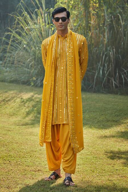 Bohame Yellow Georgette, Rayon, Net Sequins, Embroidery, Mustard Thread Kurta Set Online at Aza Fashions Bohame_Yellow Georgette, Rayon, Net Sequins, Embroidery, Mustard Thread Kurta Set_Online_at_Aza_Fashions