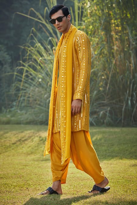 Shop Bohame Yellow Georgette, Rayon, Net Sequins, Embroidery, Mustard Thread Kurta Set Online at Aza Fashions Shop_Bohame_Yellow Georgette, Rayon, Net Sequins, Embroidery, Mustard Thread Kurta Set_Online_at_Aza_Fashions