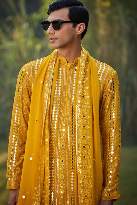 Bohame Yellow Georgette, Rayon, Net Sequins, Embroidery, Mustard Thread Kurta Set at Aza Fashions Bohame_Yellow Georgette, Rayon, Net Sequins, Embroidery, Mustard Thread Kurta Set_at_Aza_Fashions