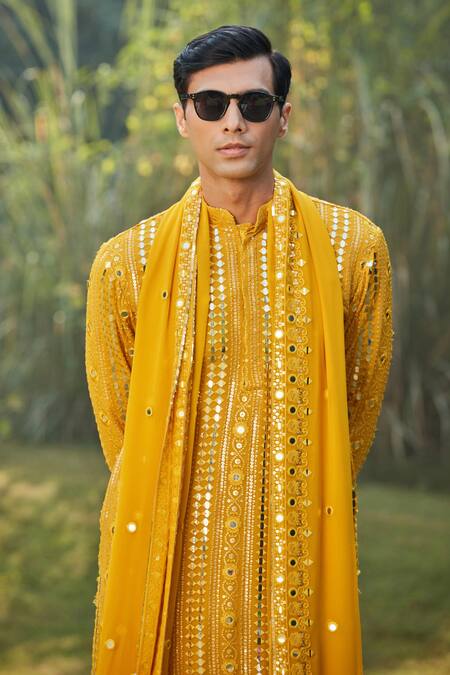 Buy Bohame Yellow Georgette, Rayon, Net Sequins, Embroidery, Mustard Thread Kurta Set Buy_Bohame_Yellow Georgette, Rayon, Net Sequins, Embroidery, Mustard Thread Kurta Set