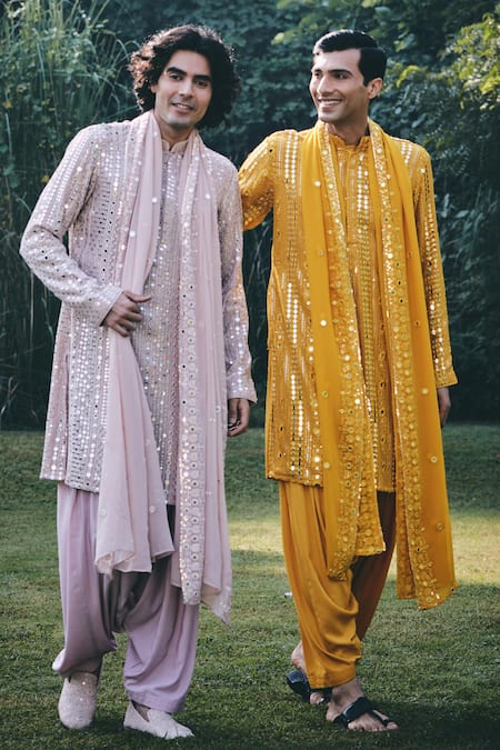 Shop Bohame Yellow Georgette, Rayon, Net Sequins, Embroidery, Mustard Thread Kurta Set Shop_Bohame_Yellow Georgette, Rayon, Net Sequins, Embroidery, Mustard Thread Kurta Set